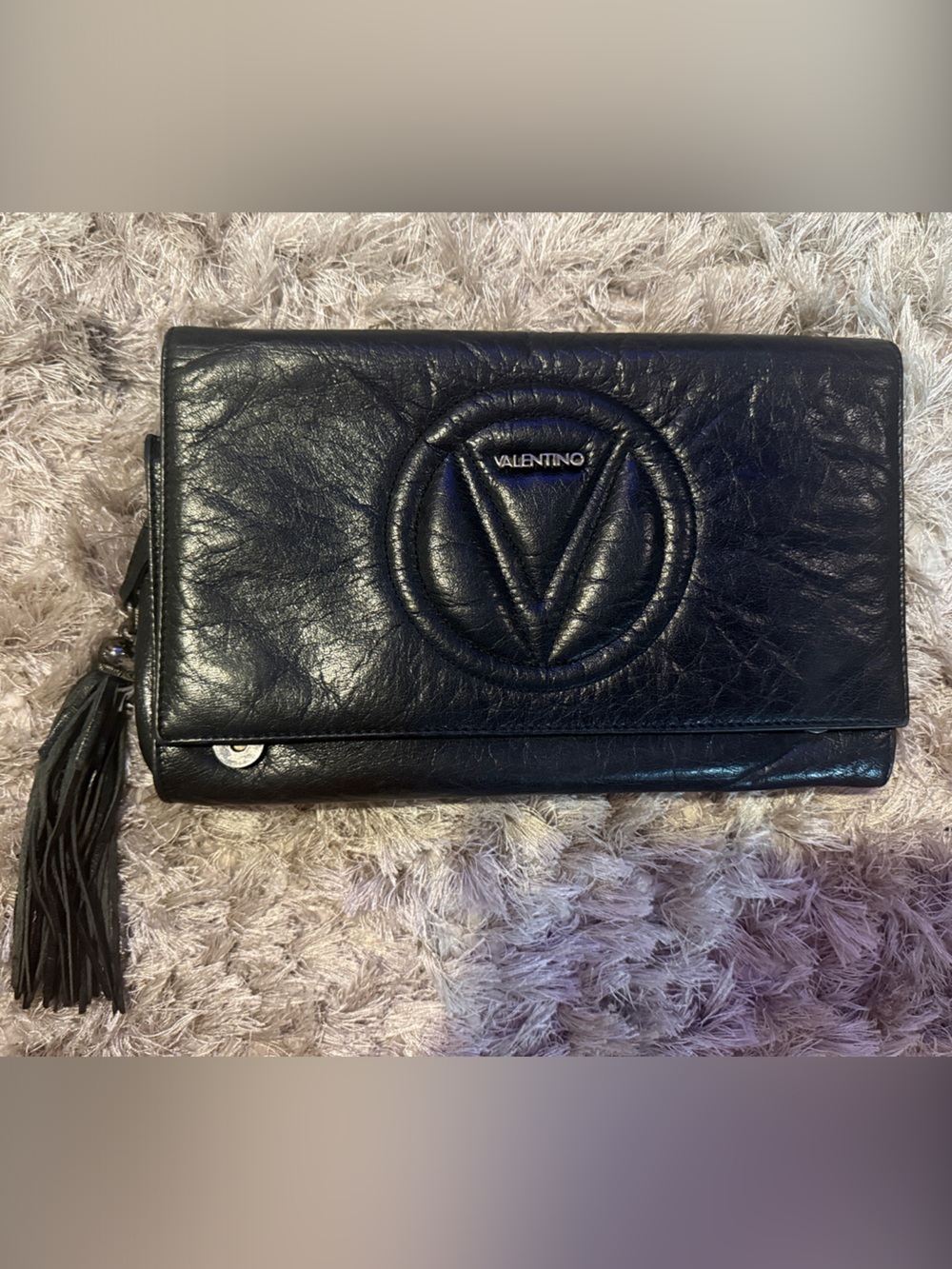 Valentino Black Leather Tassel Zip Wallet Clutch
